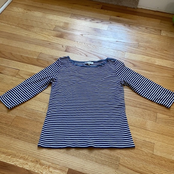 Jones NY navy white stripe 3/4 sleeve top denim chambray elbow patches boat neck - Picture 4 of 6